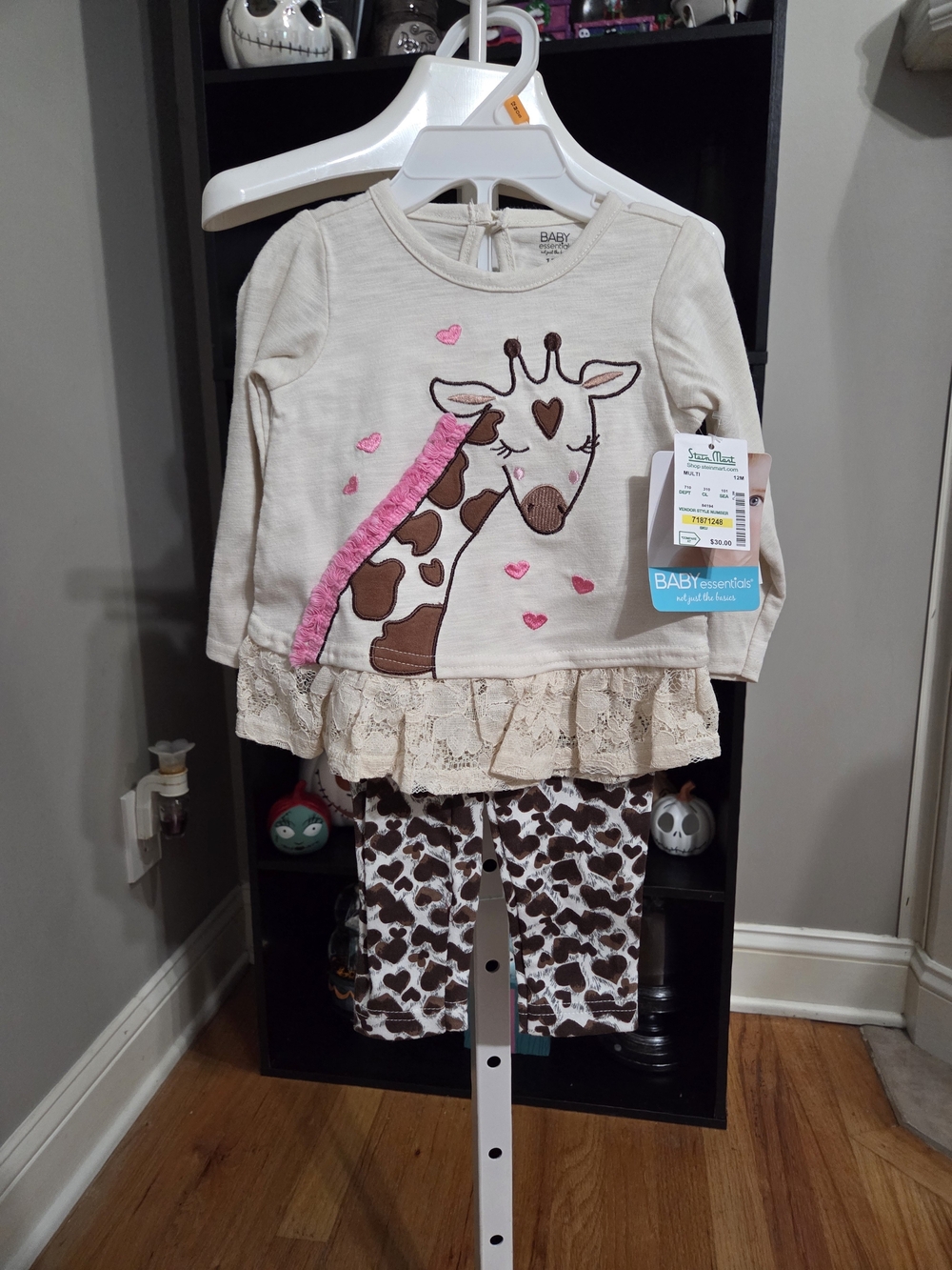 Baby Essentials Beige Giraffe Lace-Trim Set with Pink Accents